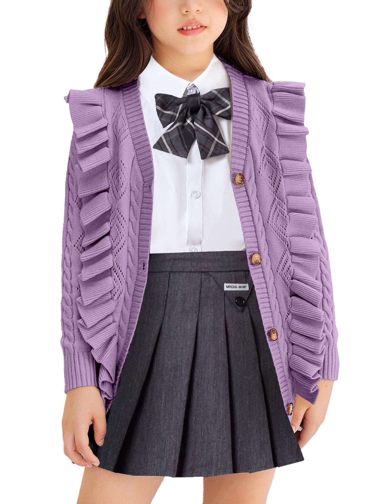 Arshiner Girls Cardigan Sweaters Ruffle School Uniform Sweater V Neck Button Front Outerwear 4-13 Years